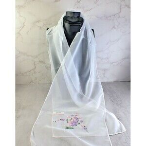 Vintage Morsly New York NY Avon Scarf Sheer White Embroidered Floral  44"x8" NOS